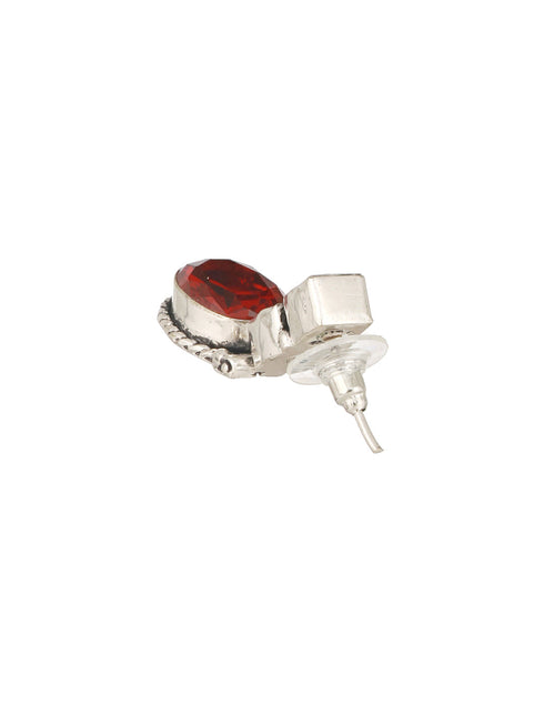 Oxidised Silver Toned Red Stone Studded Minimal Drop Earrings