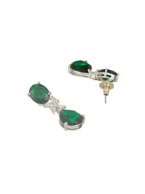 Silver Toned Emarald Green Studded Luxe Statement Drop Earrings