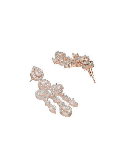 Rose Gold Toned Zircon Studded 2 - Lined Layered Statement Necklace Jewellery Set