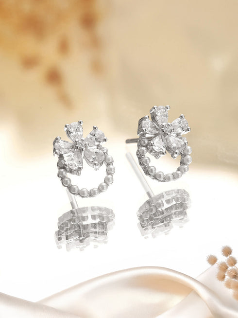 925 Sterling Silver Zircon & Pearl Embellished Floral Minimal Studds Earrings