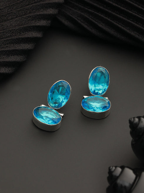Oxidised Turquoise Blue AD Stone Studded Minimal Earring