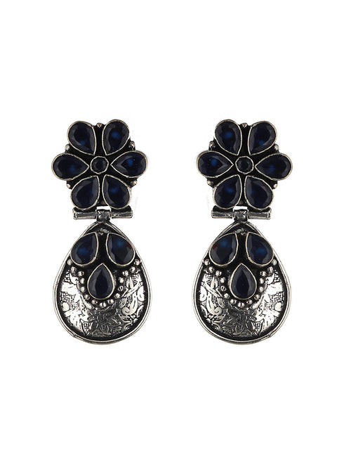 Silver Oxidised Blue Stone studded Statement Earrings