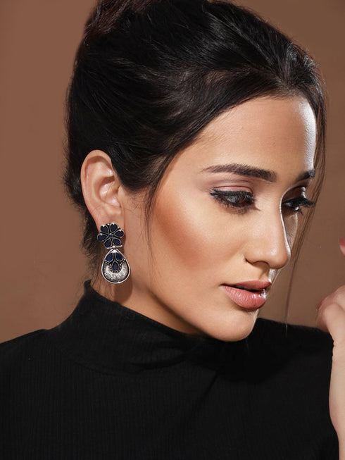 Silver Oxidised Blue Stone studded Statement Earrings
