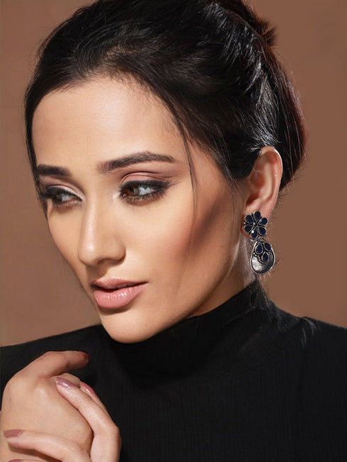 Silver Oxidised Blue Stone studded Statement Earrings