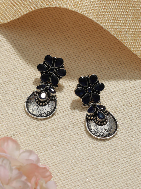 Silver Oxidised Blue Stone studded Statement Earrings
