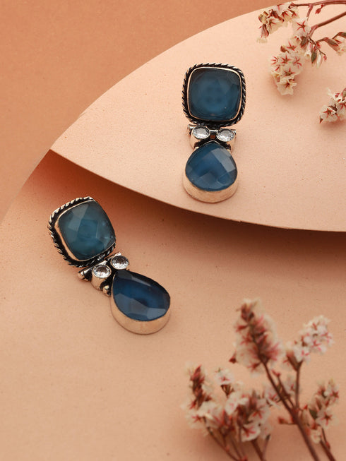 Oxidised Blue Stone Studded Statement Earring