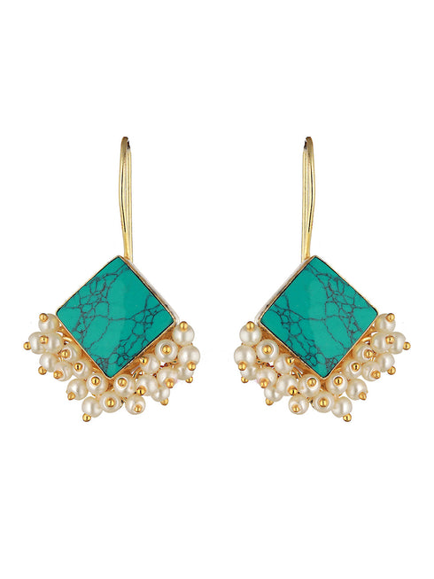 Gold Plated Turquoise Blue & Pearl Beaded Hoop Earrings
