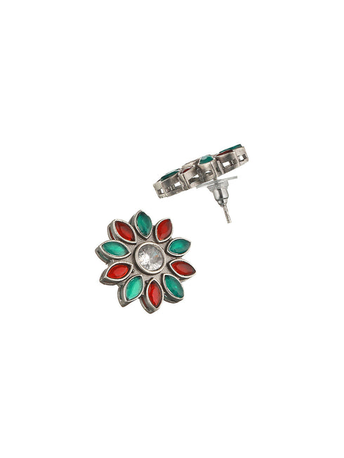 Oxidised Red & Green Stone Studded Pendant Jewellery Set