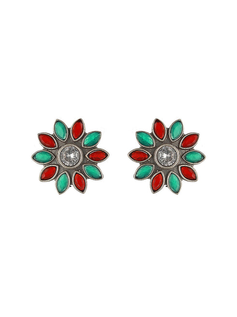 Oxidised Red & Green Stone Studded Pendant Jewellery Set