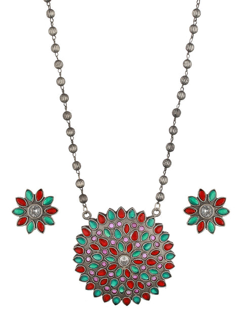 Oxidised Red & Green Stone Studded Pendant Jewellery Set