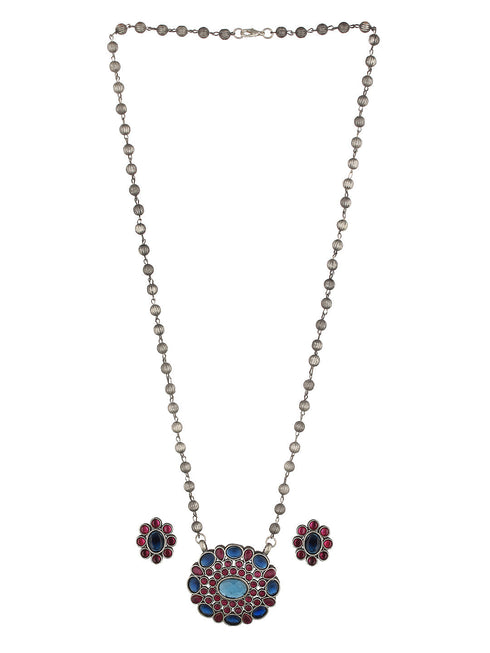 Oxidised Red & Blue Stone Studded Statement Pendant jewellery Set