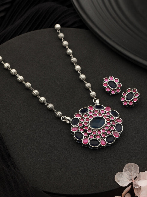 Oxidised Red & Blue Stone Studded Statement Pendant jewellery Set