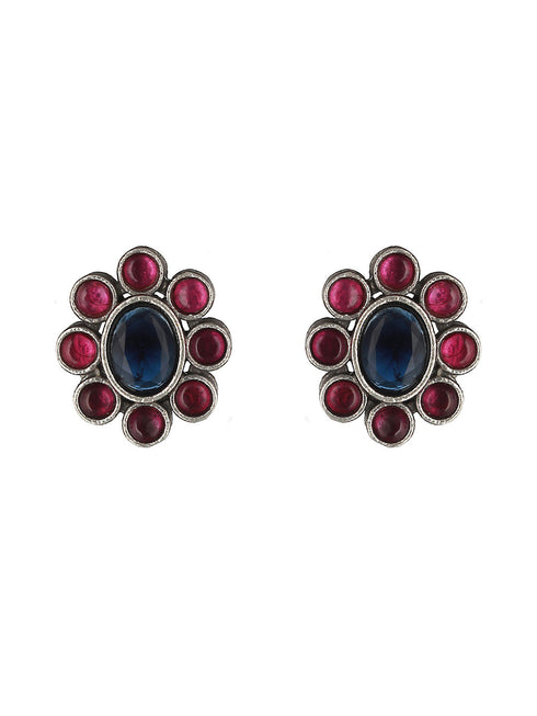 Oxidised Red & Blue Stone Studded Statement Pendant jewellery Set