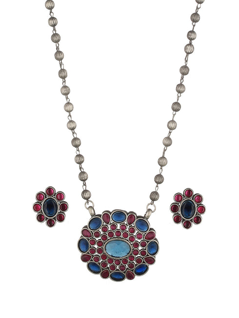 Oxidised Red & Blue Stone Studded Statement Pendant jewellery Set