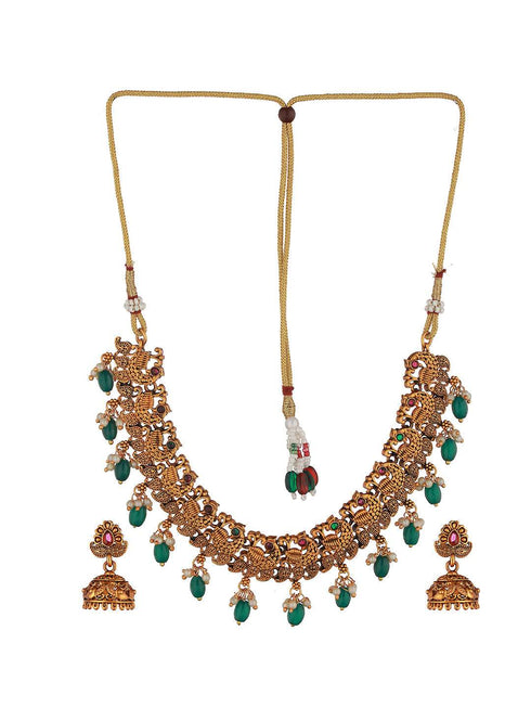 Gold Plated Green Stone Studded Peacock temple Jewellery Set
