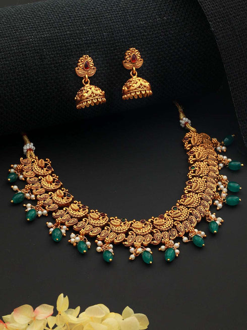 Gold Plated Green Stone Studded Peacock temple Jewellery Set