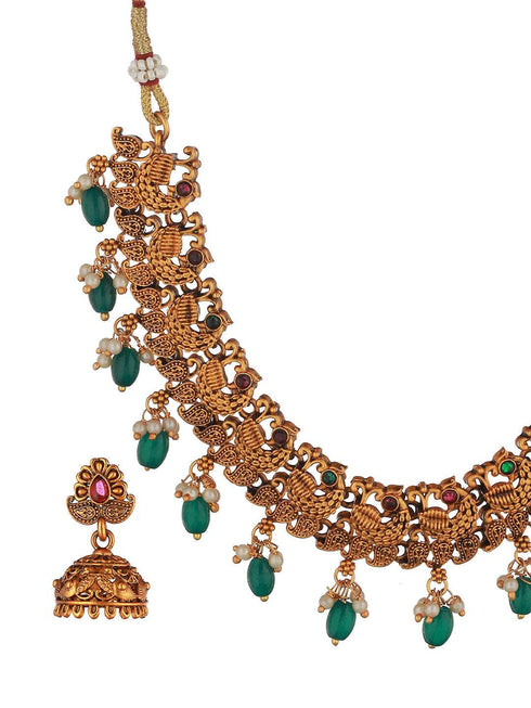 Gold Plated Green Stone Studded Peacock temple Jewellery Set
