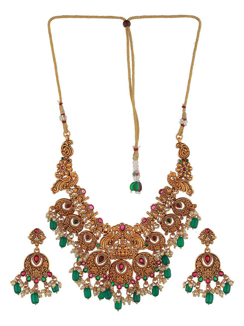 Gold Plated Red & Green Studded Lakshmiji Temple Pendant Jewellery Set
