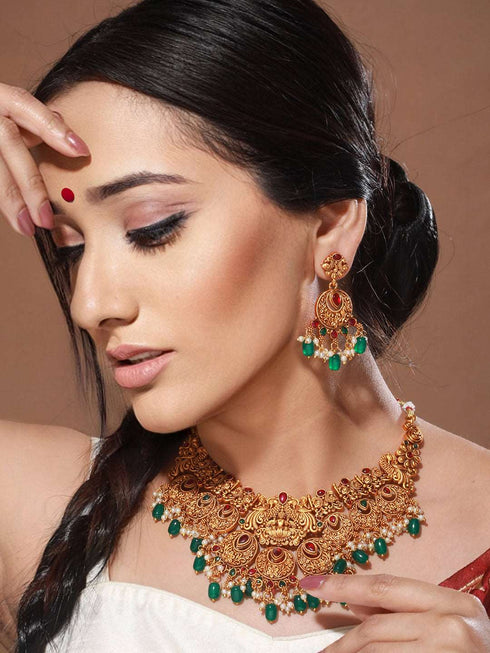 Gold Plated Red & Green Studded Lakshmiji Temple Pendant Jewellery Set