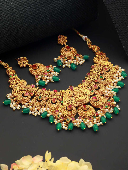 Gold Plated Red & Green Studded Lakshmiji Temple Pendant Jewellery Set