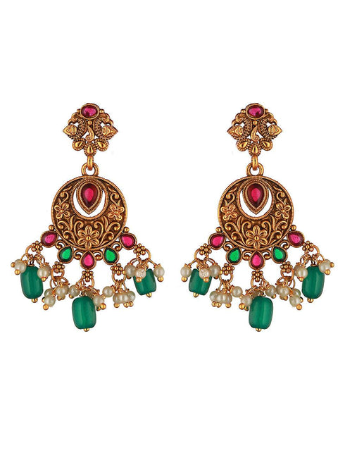 Gold Plated Red & Green Studded Lakshmiji Temple Pendant Jewellery Set