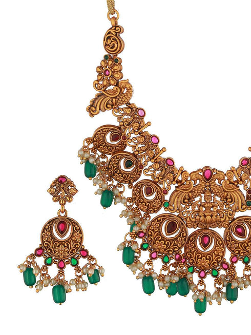 Gold Plated Red & Green Studded Lakshmiji Temple Pendant Jewellery Set