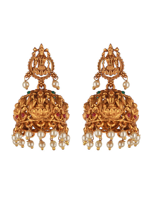 Gold Plated lakshmi Motif Temple Jhumka Earrings