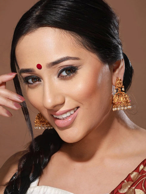 Gold Plated lakshmi Motif Temple Jhumka Earrings
