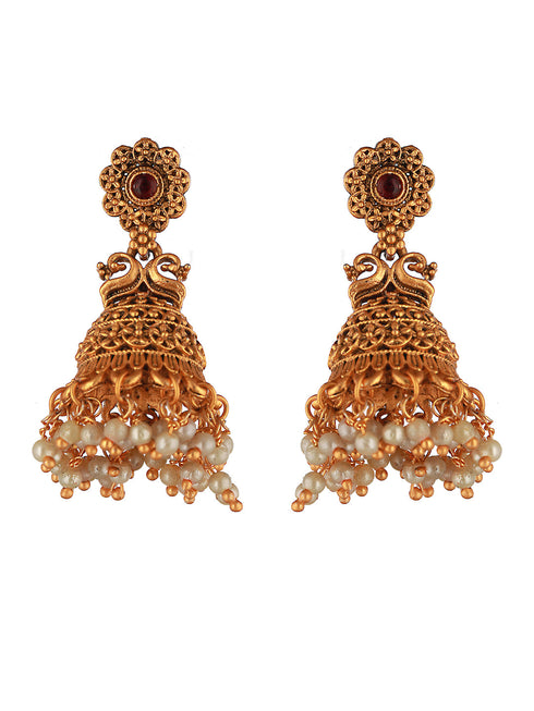 Gold Plated Peacock Figure temple Jhumka Earrings