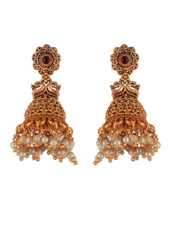 Gold Plated Peacock Figure temple Jhumka Earrings