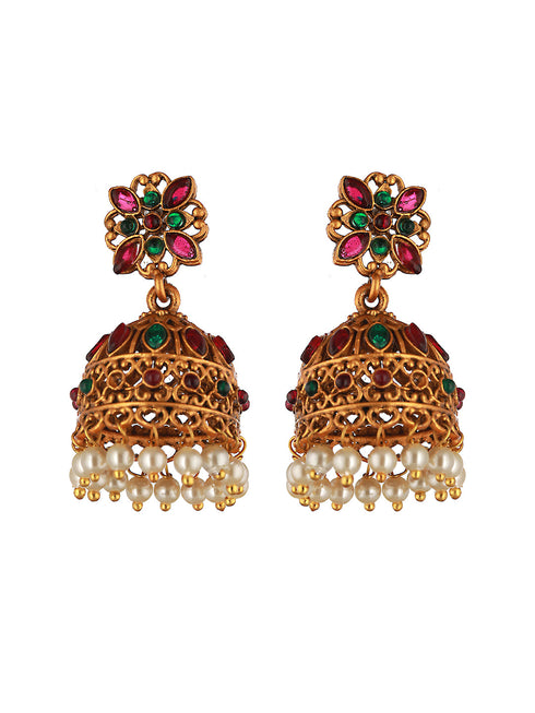 Gold Toned Red & Green Stone Studded Flower Jhumka Earrings