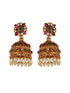 Gold Toned Red & Green Stone Studded Flower Jhumka Earrings