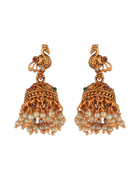 Gold Toned Red Peacock Designer Jhumka Earrings