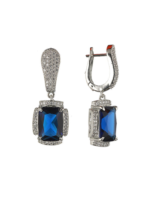Silver Toned blue AD Studded Designer Hoop Earrings