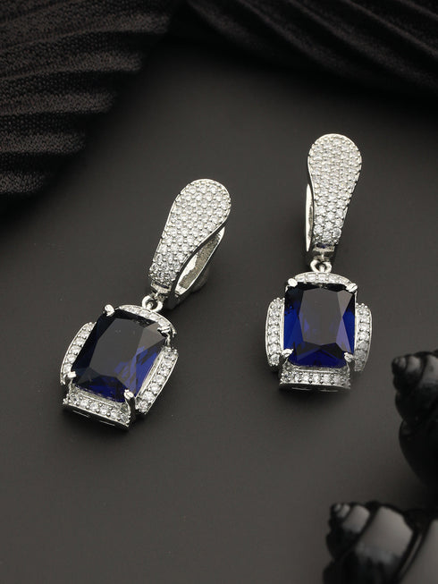 Silver Toned blue AD Studded Designer Hoop Earrings