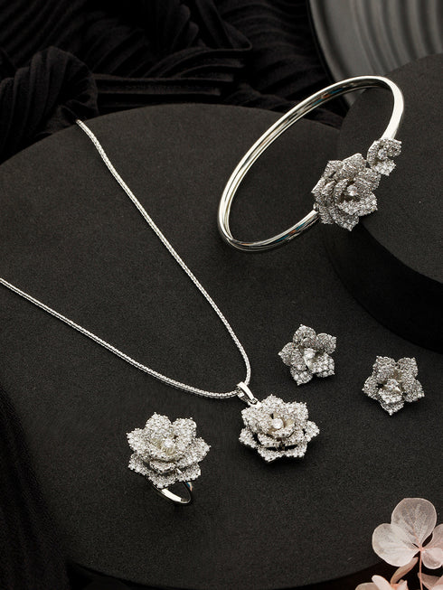 Silver Plated AD Studded Rose Statement Combo Jewellery Set