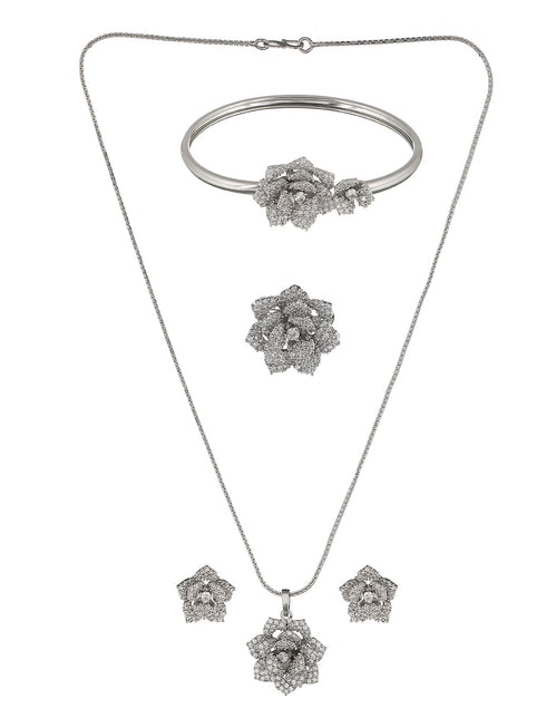 Silver Plated AD Studded Rose Statement Combo Jewellery Set