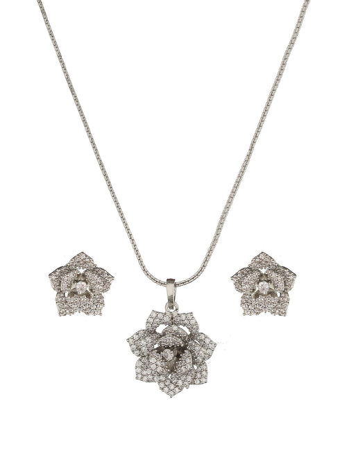 Silver Plated AD Studded Rose Statement Combo Jewellery Set