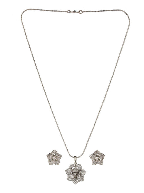 Silver Plated AD Studded Rose Statement Combo Jewellery Set
