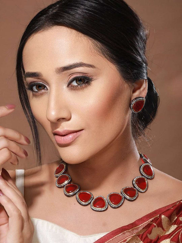 Cushion Cut SemiPrecious Stones & Pearl Beaded Choker Jewellery Set