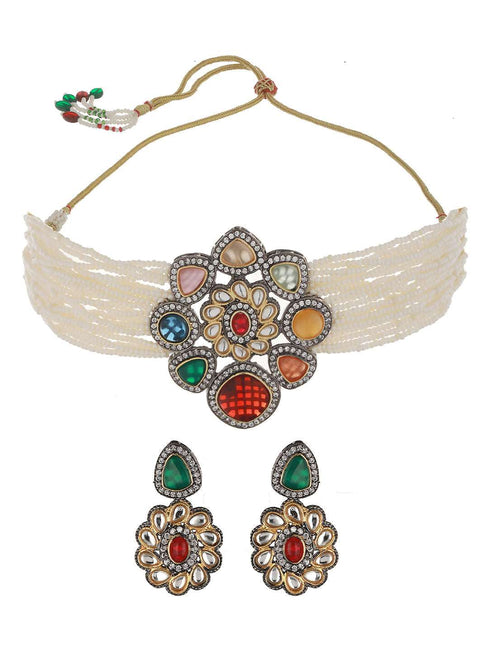 Gold Plated Multi Colored & Pearl Beaded Polki Choker Jewellery Set
