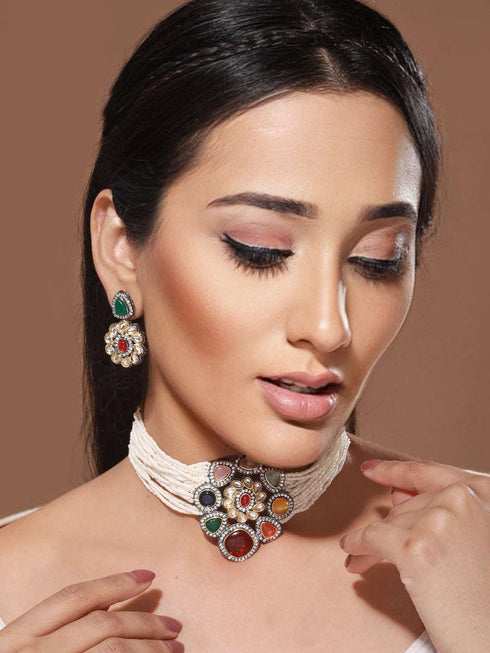 Gold Plated Multi Colored & Pearl Beaded Polki Choker Jewellery Set