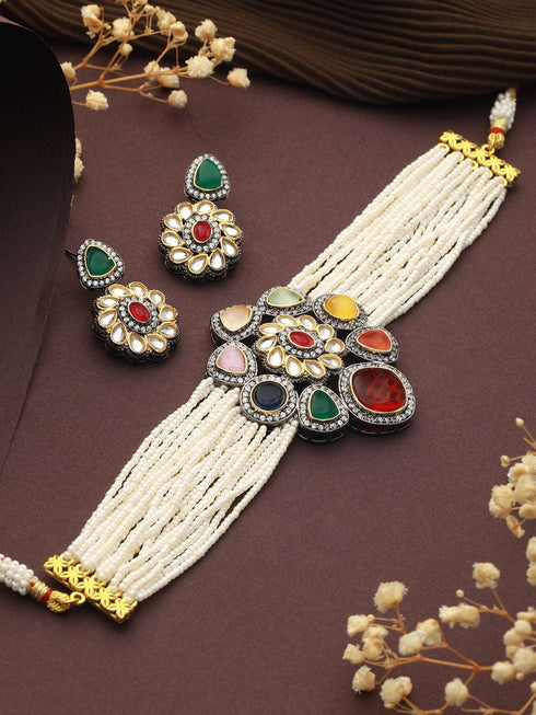 Gold Plated Multi Colored & Pearl Beaded Polki Choker Jewellery Set