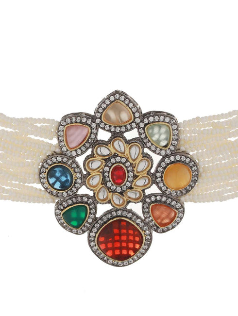 Gold Plated Multi Colored & Pearl Beaded Polki Choker Jewellery Set