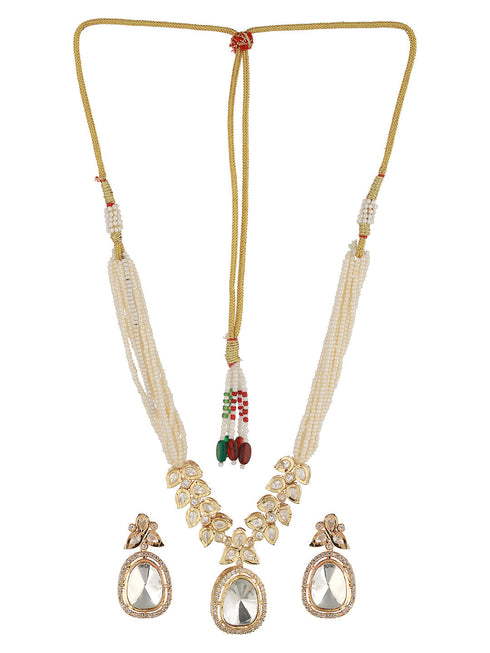GoldPlated White Uncut Polki & Pearl Beaded Choker Jewellery Set