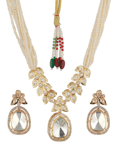 GoldPlated White Uncut Polki & Pearl Beaded Choker Jewellery Set