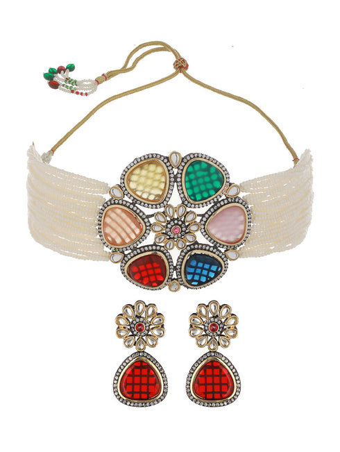 GoldPlated Multi Stone Pearl Beaded Floral Choker Jewellery Set