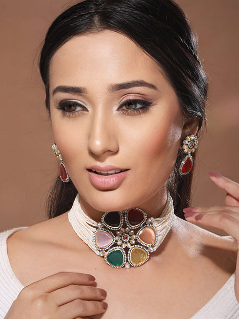 GoldPlated Multi Stone Pearl Beaded Floral Choker Jewellery Set