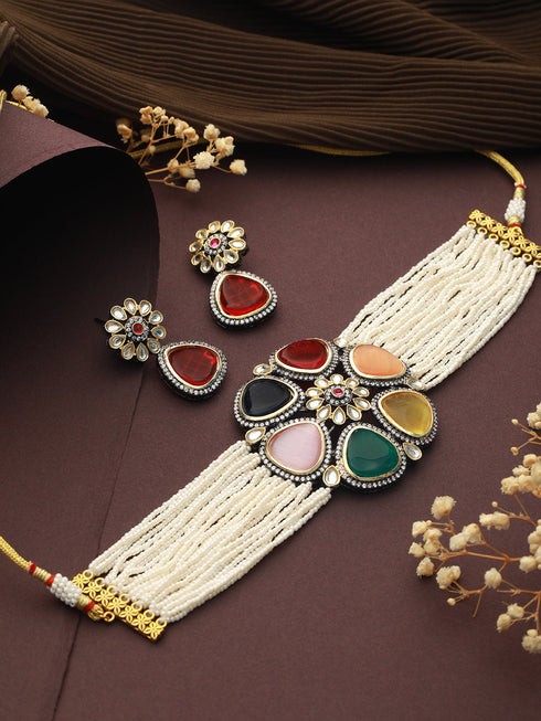 GoldPlated Multi Stone Pearl Beaded Floral Choker Jewellery Set
