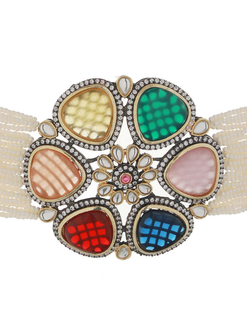 GoldPlated Multi Stone Pearl Beaded Floral Choker Jewellery Set